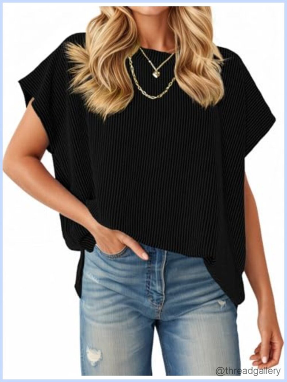 Oversized Ribbed Knit Tunic Top Cap Sleeve Crew Neck Summer Tee